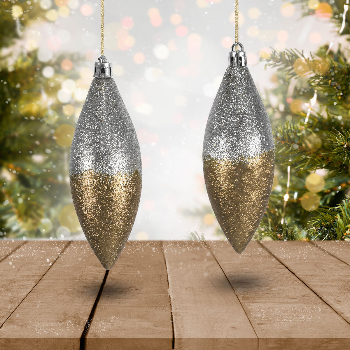 Esferas Bicolor Glitter Alargadas, Color Dorado y Negro, 2 pzas