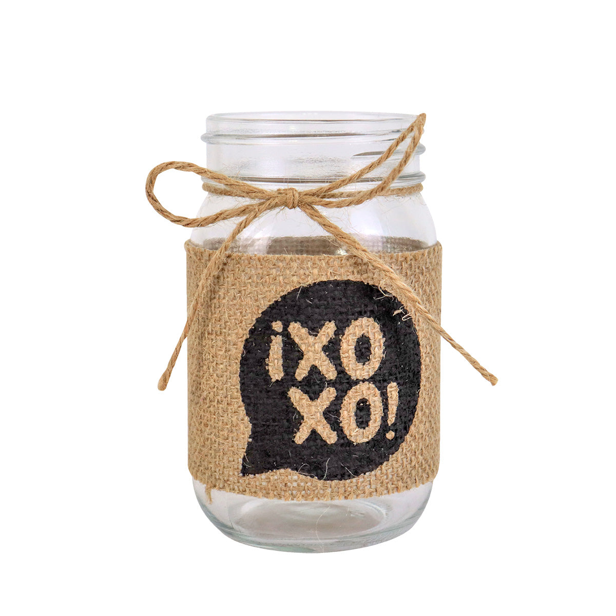 Tarro de Vidrio Mason Jar XOXO Decorado con Yute