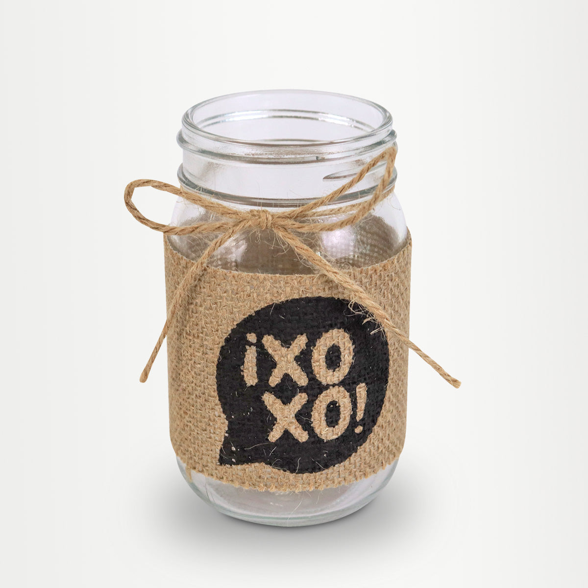 Tarro de Vidrio Mason Jar XOXO Decorado con Yute