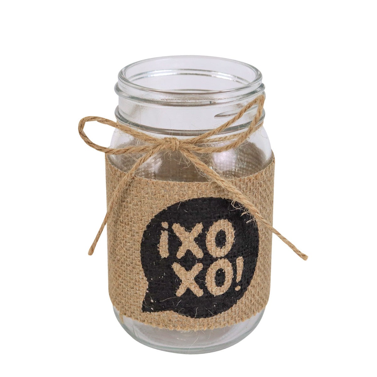 Tarro de Vidrio Mason Jar XOXO Decorado con Yute