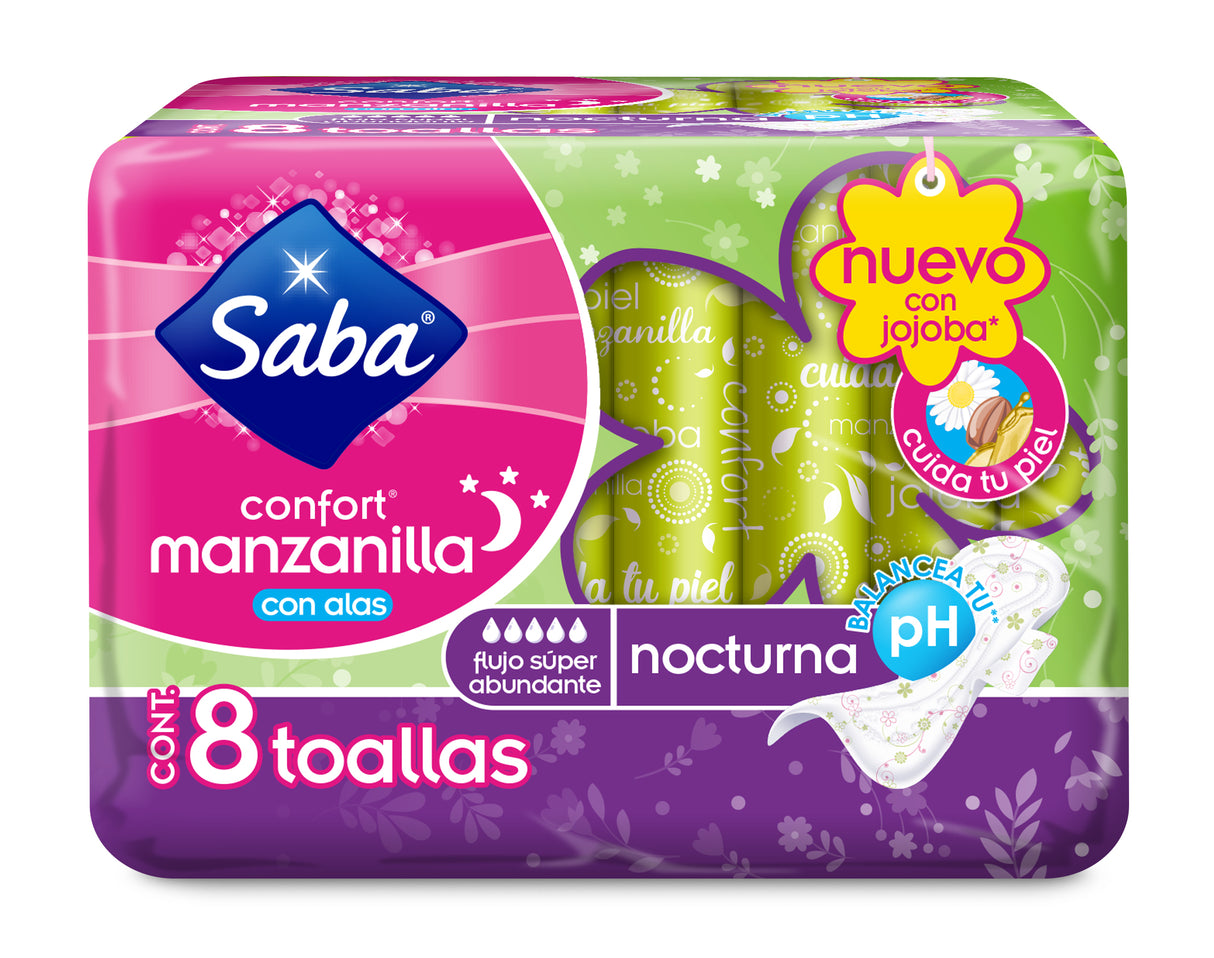 Toallas Femeninas Saba Confort Manzanilla con Alas 8 Piezas (4622823718961)