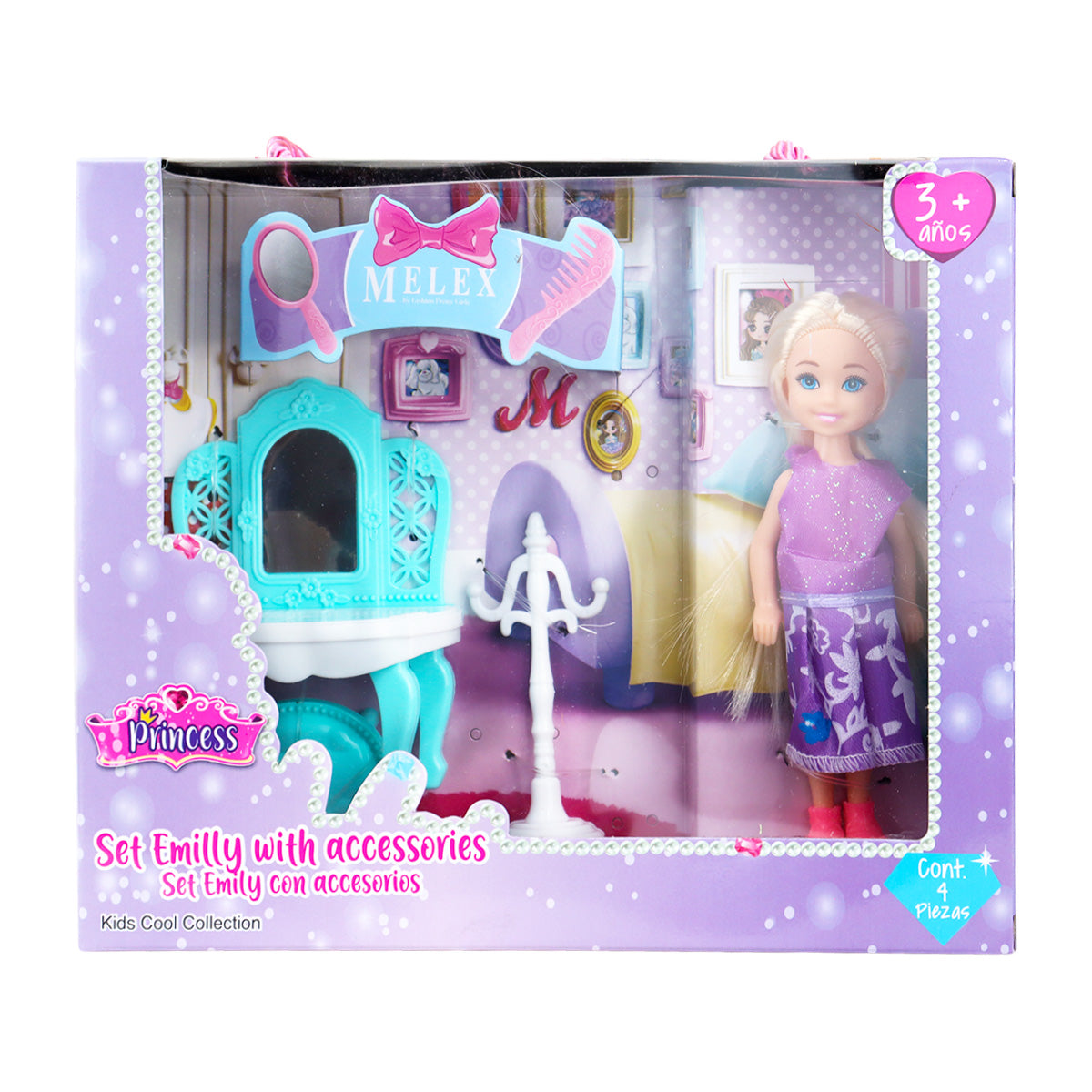 Set de Muñeca Emily con Accesorios, 4 pzas, Vestido Color Morado