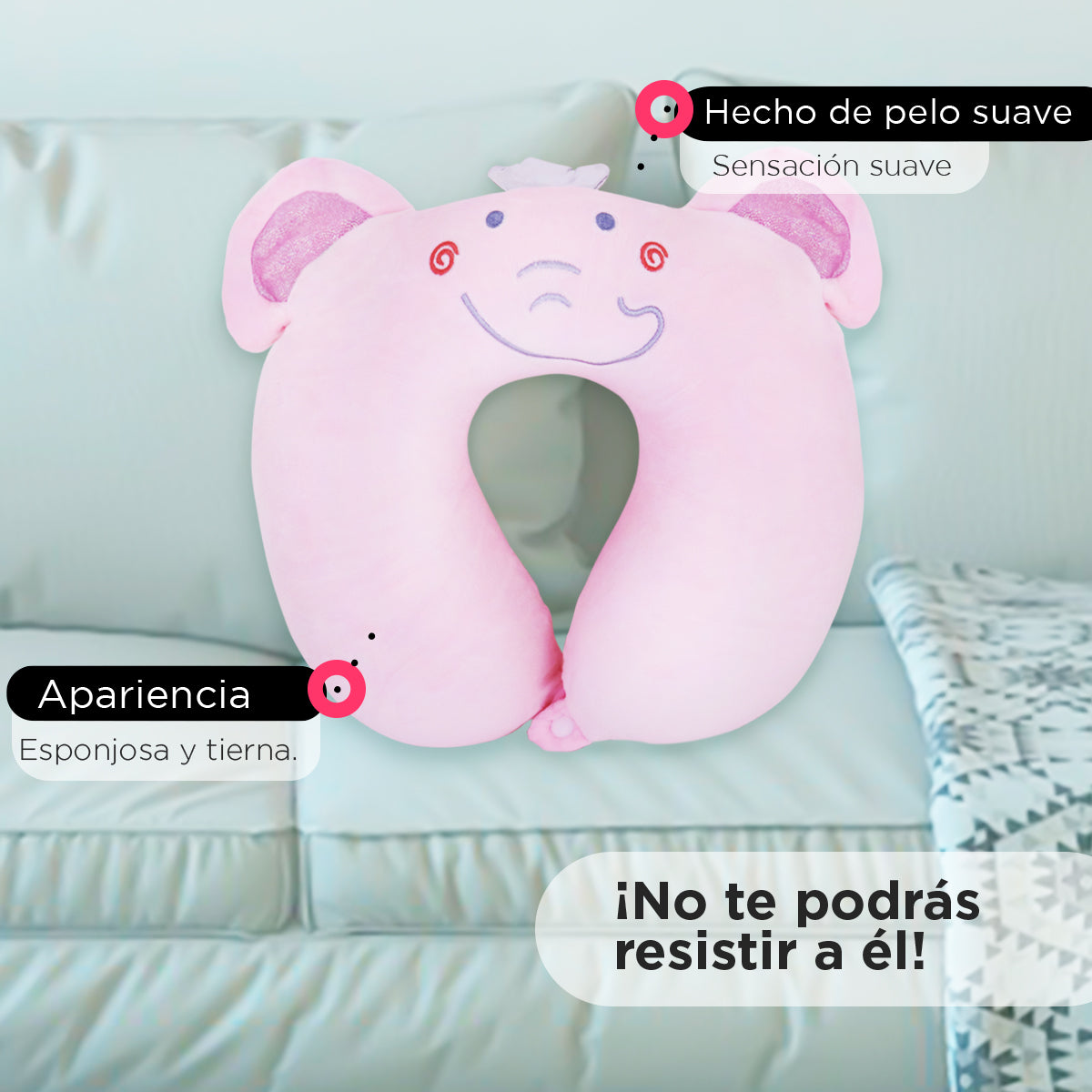 Almohada para Viaje con Diseño de Elefante color Rosa