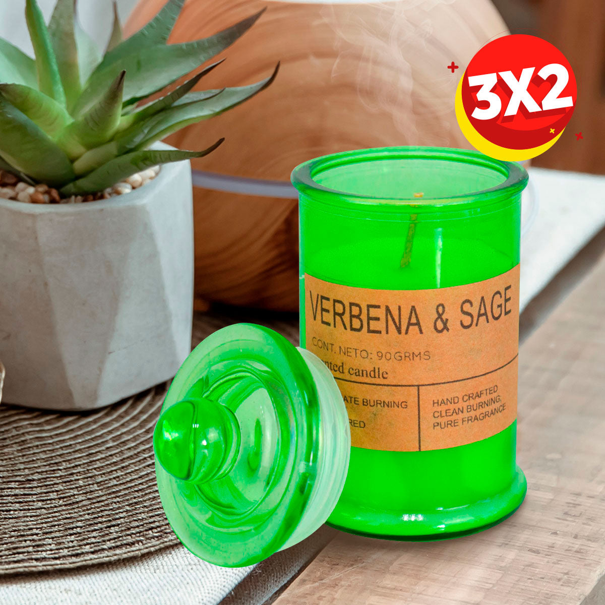 3X2 Vela Aromática de Verbena y Salvia, 90 g