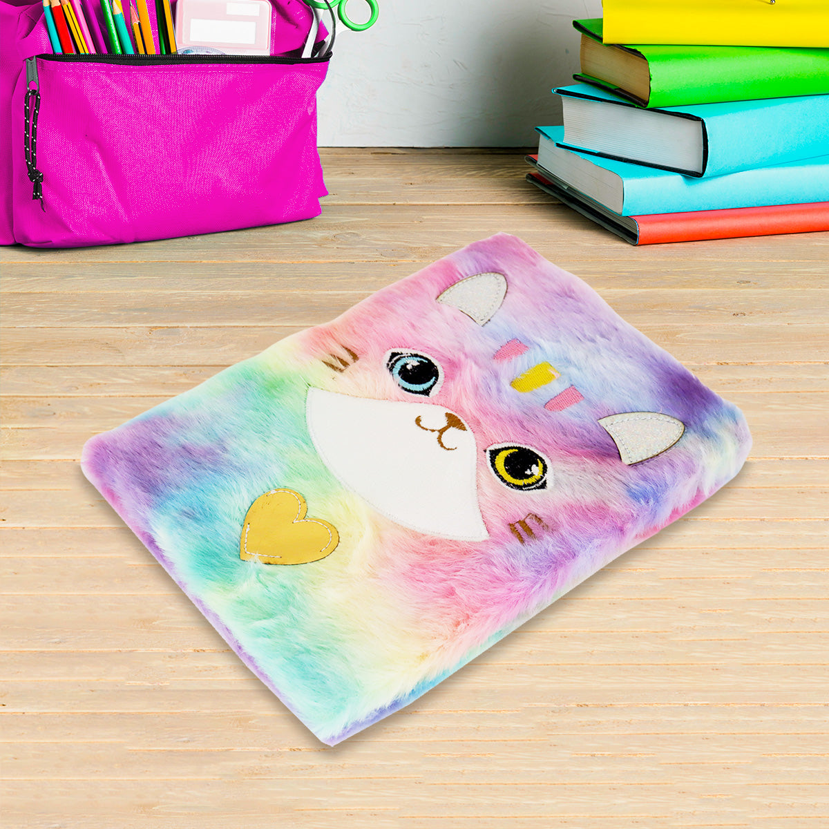 Libreta de Peluche Multicolor con Diseño de Gato