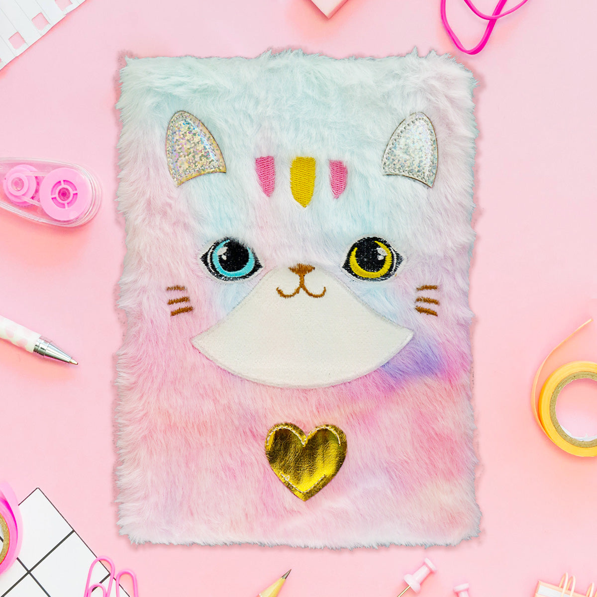 Libreta de Peluche Multicolor con Diseño de Gato