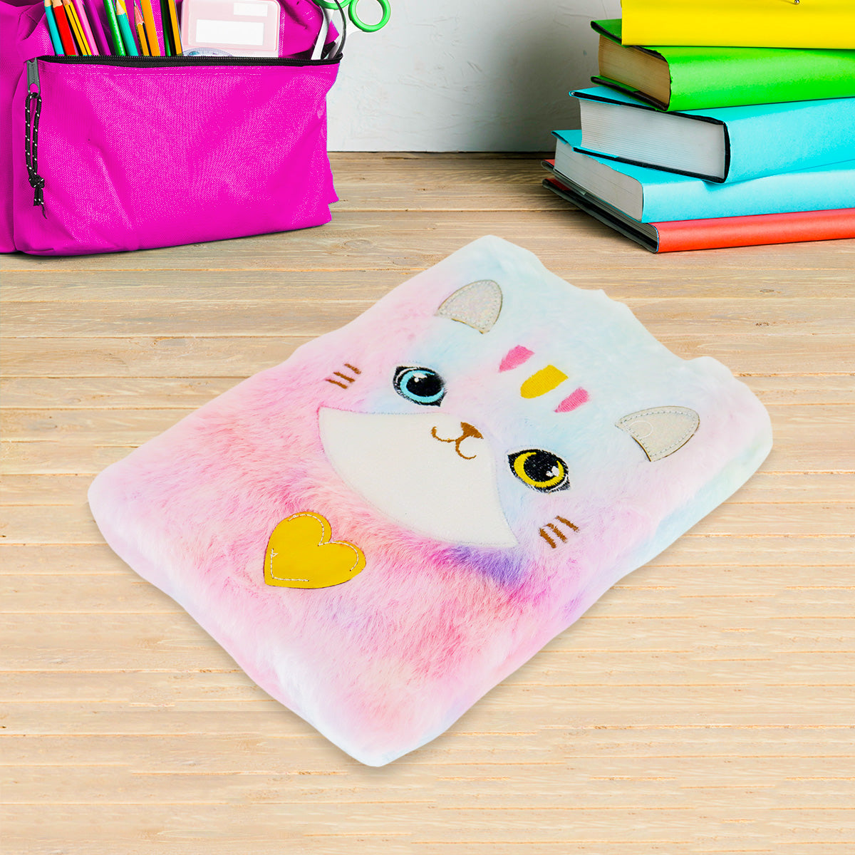 Libreta de Peluche Multicolor con Diseño de Gato