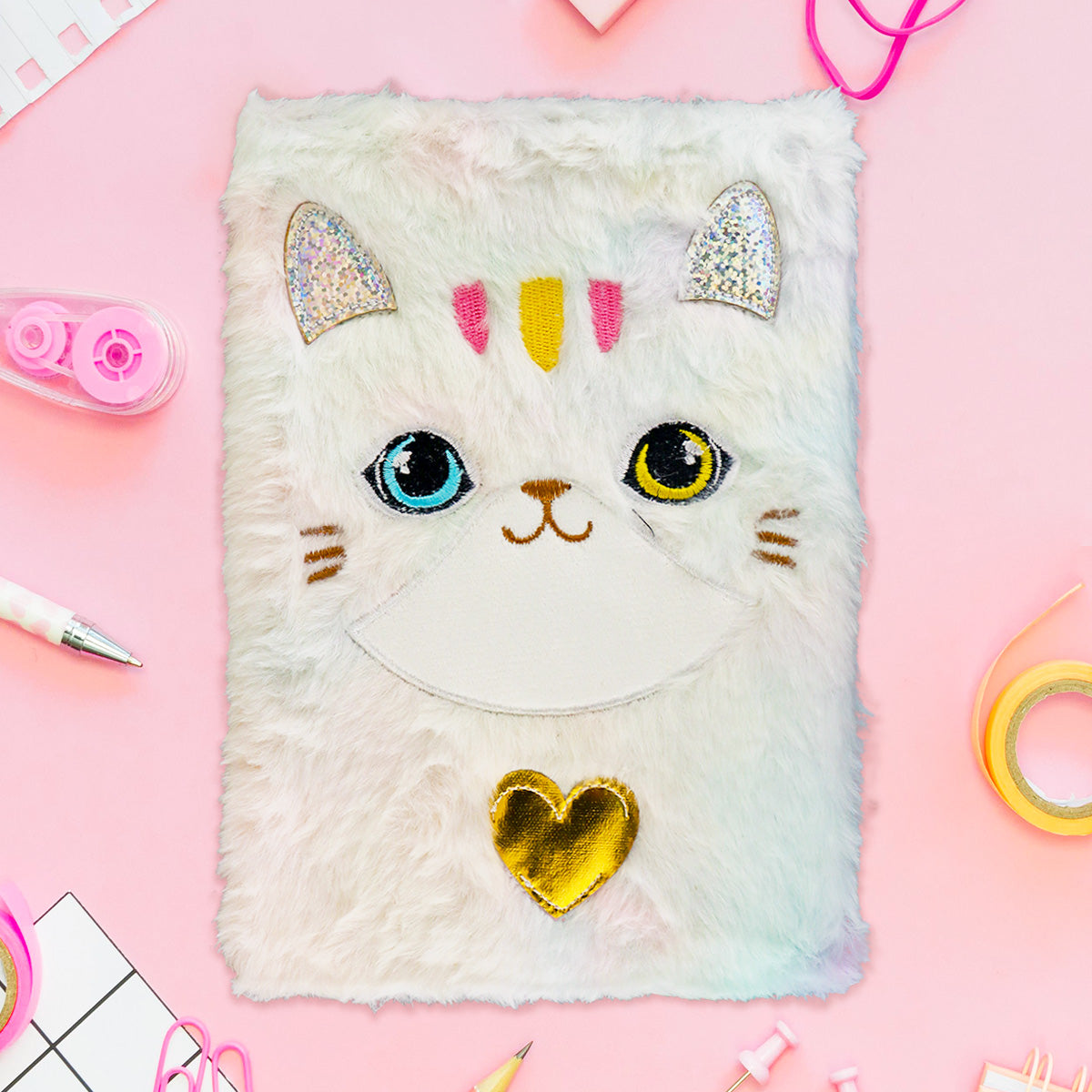 Libreta de Peluche Multicolor con Diseño de Gato