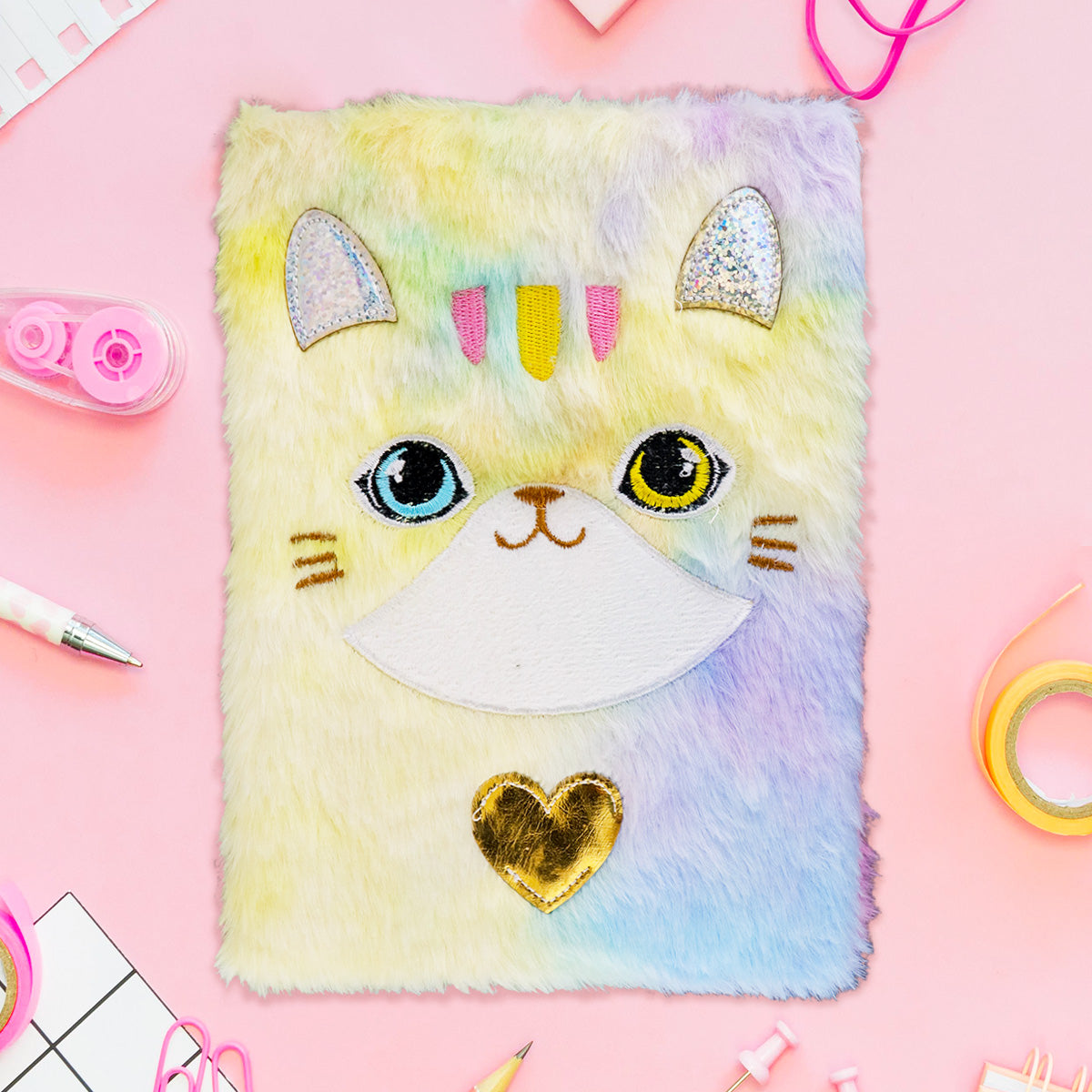 Libreta de Peluche Multicolor con Diseño de Gato