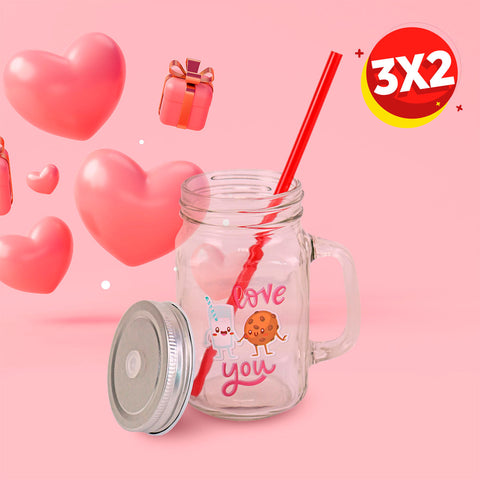 3X2 Tarro de Vidrio Mason Jar Love de San Valentín con Tapa y Popote