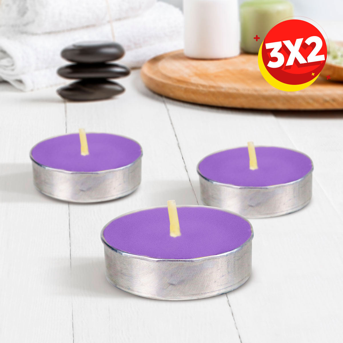 3X2 Paquete de Velas Morado Tea Light 3pza.