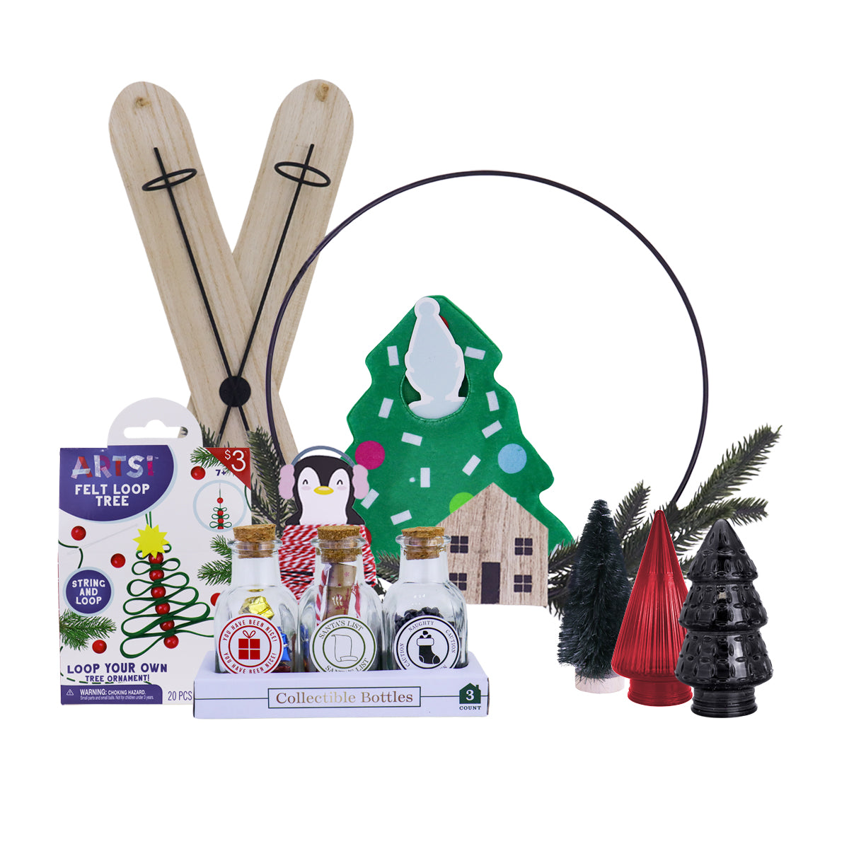 Set de Navidad con 1 Adorno para Picaporte, 3 Mini Árboles, 1 Cajita para Crear tu Arbolito, 2 Decoraciones Navideñas, Frascos con Detalles de Navidad y 1 Cordón