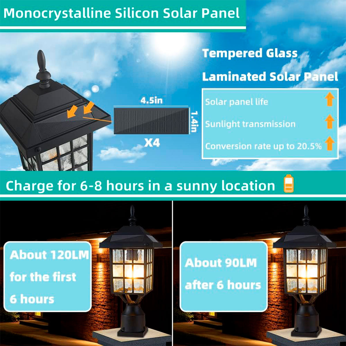 Lámpara Solar de Poste Impermeable para Exteriores, Zinnze