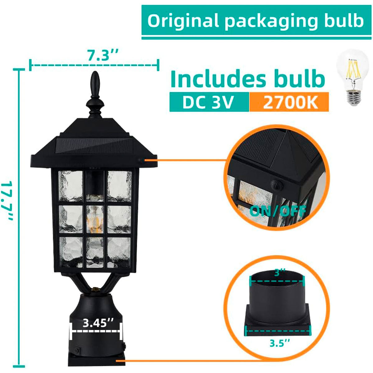 Lámpara Solar de Poste Impermeable para Exteriores, Zinnze