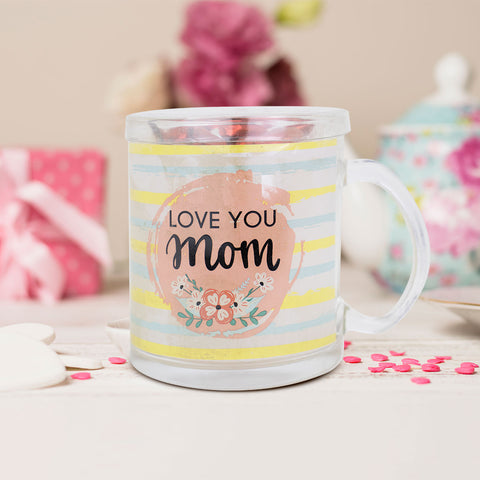 Taza de Cristal con Chocolates "I Love You Mom" (Flores) 325ml, Día de las Madres