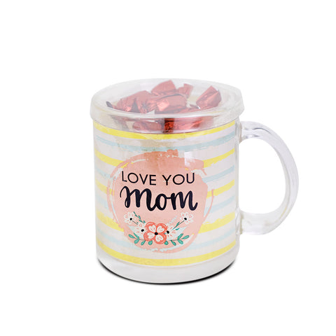 Taza de Cristal con Chocolates "I Love You Mom" (Flores) 325ml, Día de las Madres