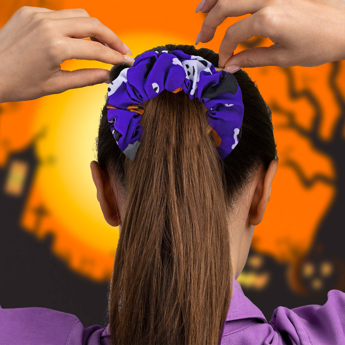 Dona color Morado para el Cabello con Diseño de Halloween