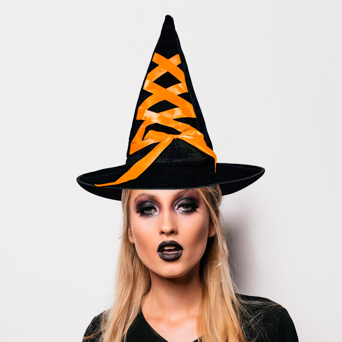 Sombrero de Bruja Negro Decorado con Listón Naranja