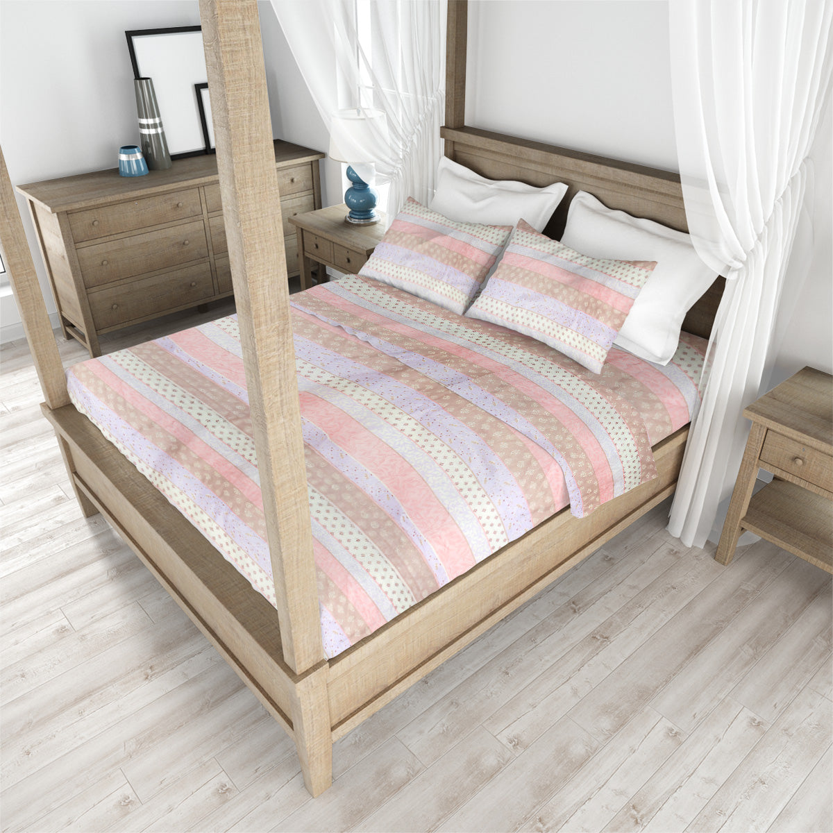 Juego de Sábanas Individual con Diseño Franjas, Color Lila con Gris