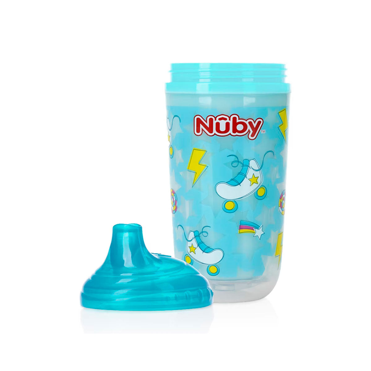 Vaso Entrenador Antiderrames Térmico con Boquilla Nuby 360° Luminoso color Turquesa 10oz.