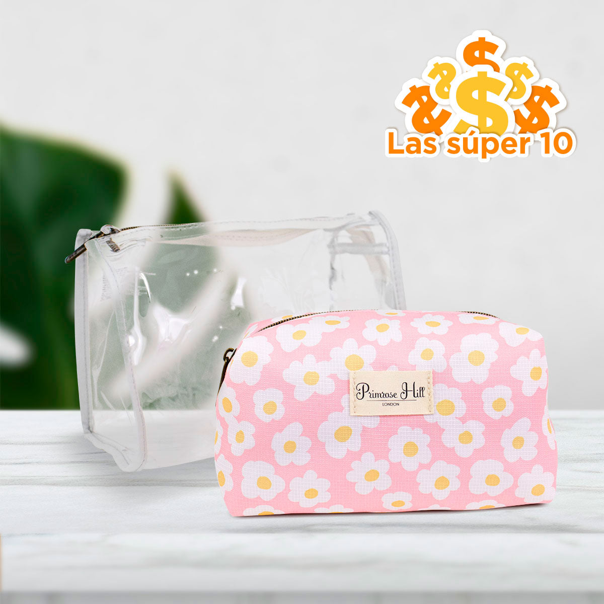 Set Cosmetiquera Floreada color Rosa con Bolsa Transparente