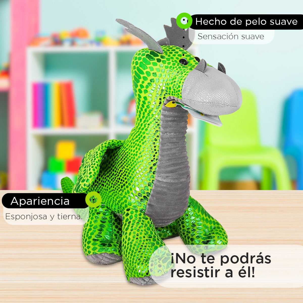 Dragón de Peluche, color Verde con Gris