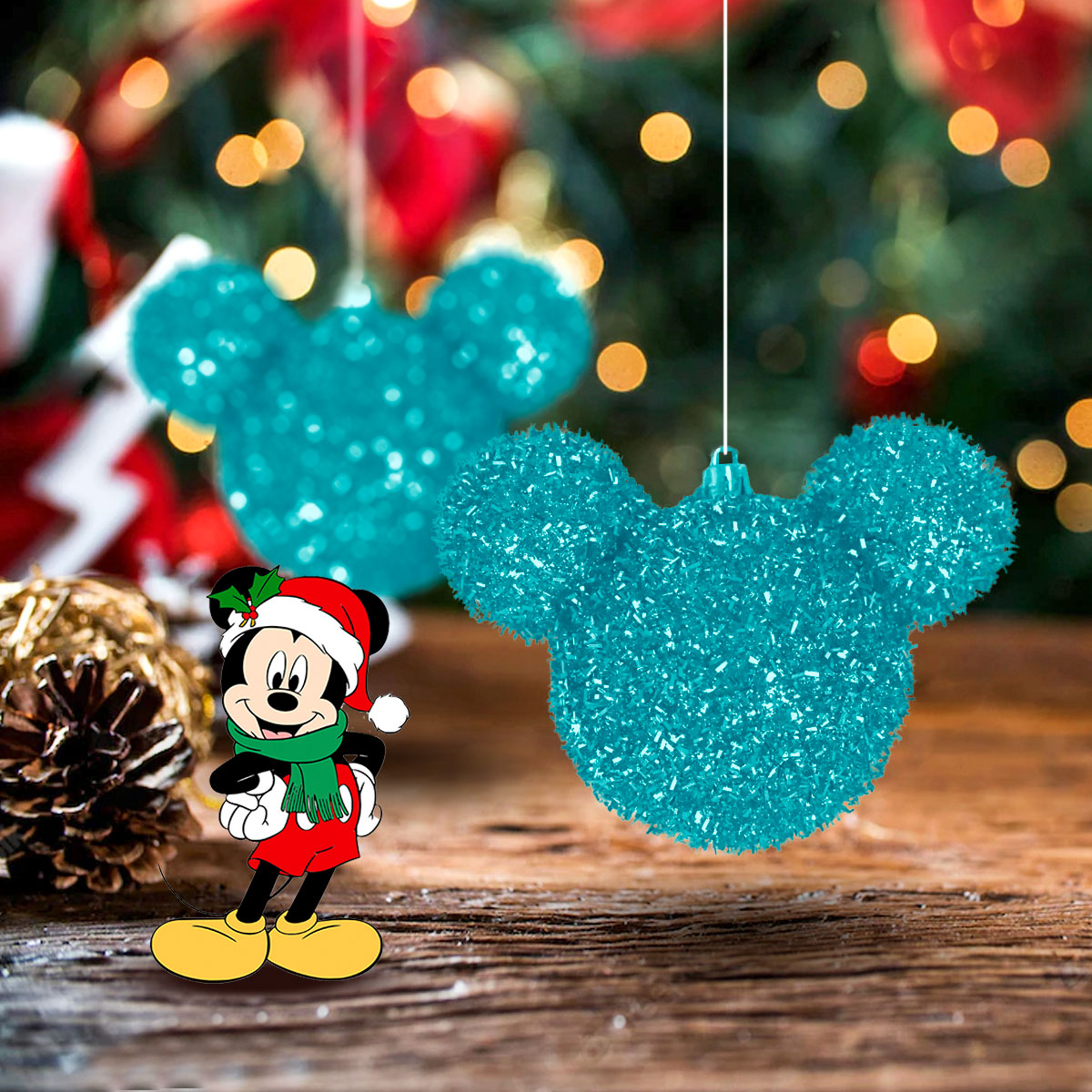 Esfera Navideña de Tinsel color Azul en Forma de Mickey Mouse