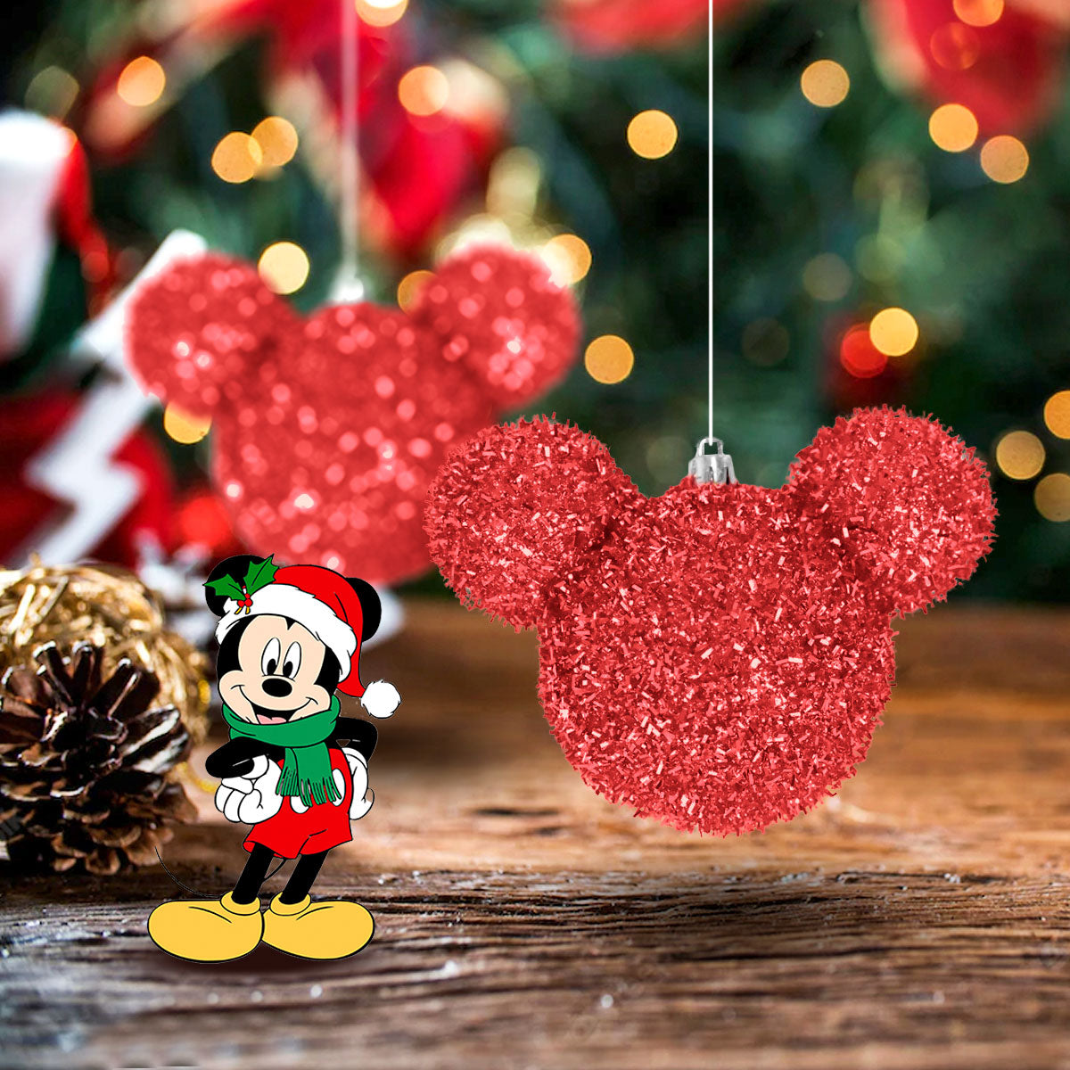 Esfera Navideña de Tinsel color Rojo en Forma de Mickey Mouse