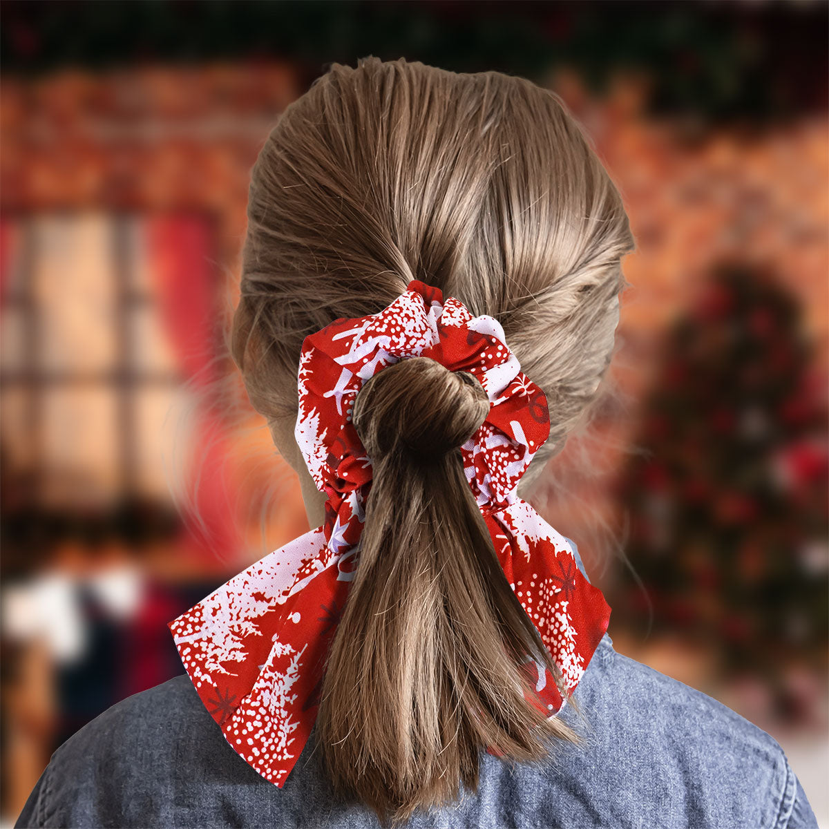 Scrunchie color Rojo con Diseño de Navidad