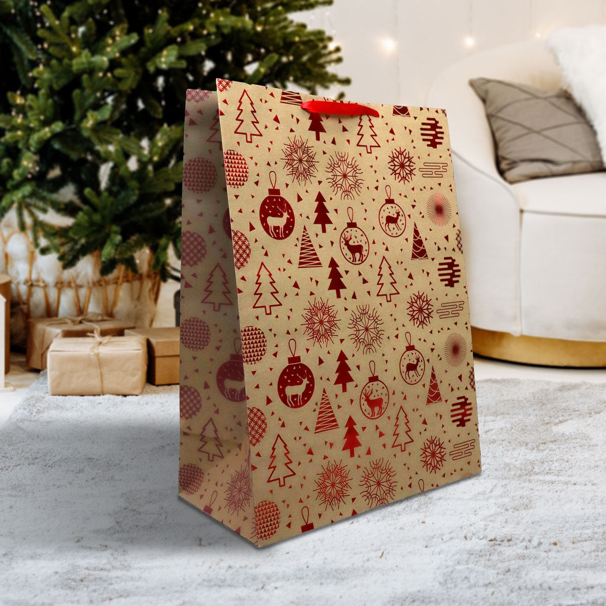 Bolsa de Regalo para Navidad color Rojo con Patrones Navideños