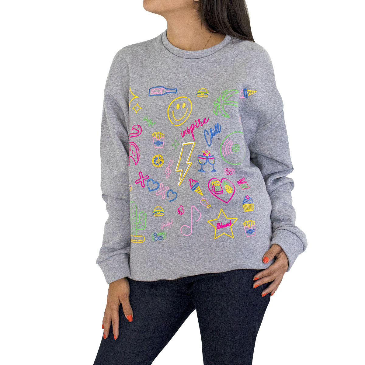 Sudadera Para Dama con Estampado Estilo Contornos color Gris