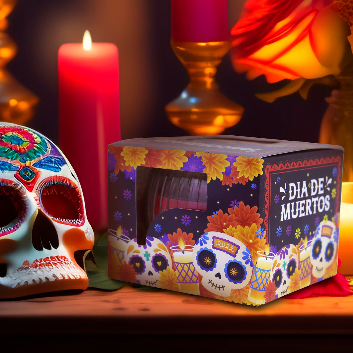 Vela Aromática color Rosa Coral, Día de Muertos