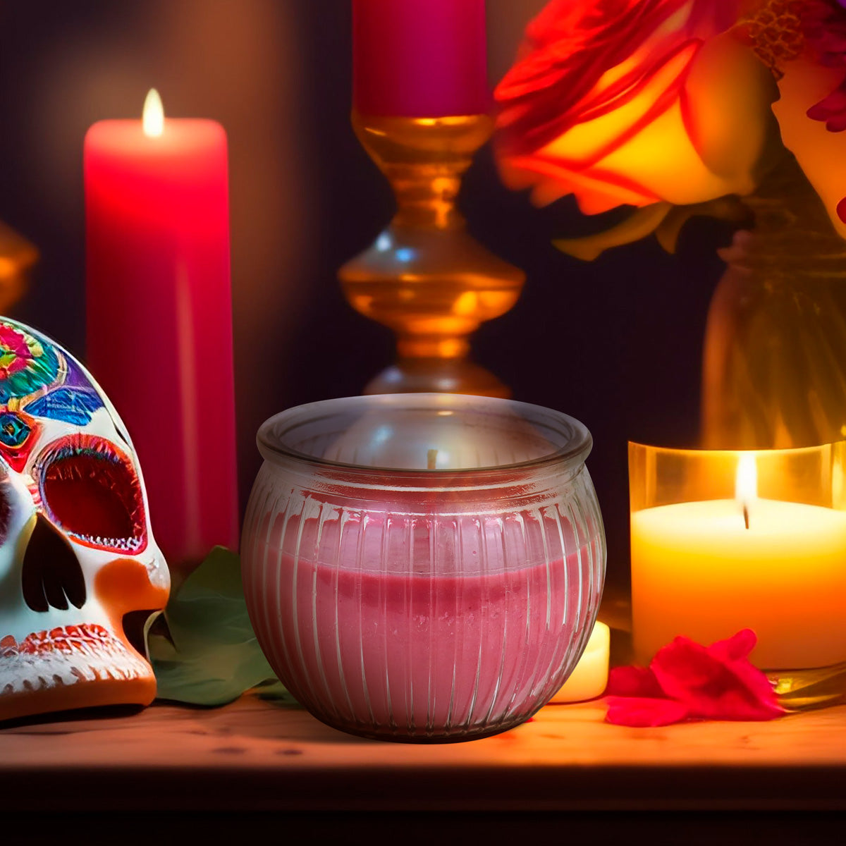 Vela Aromática color Rosa Coral, Día de Muertos