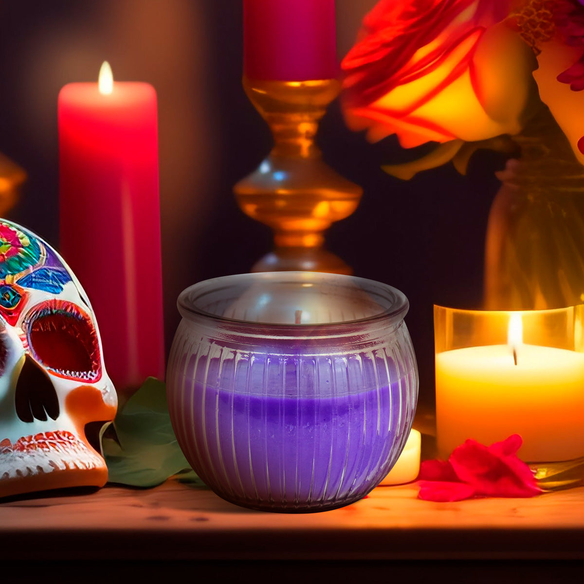 Vela Aromática color Lila, Día de Muertos