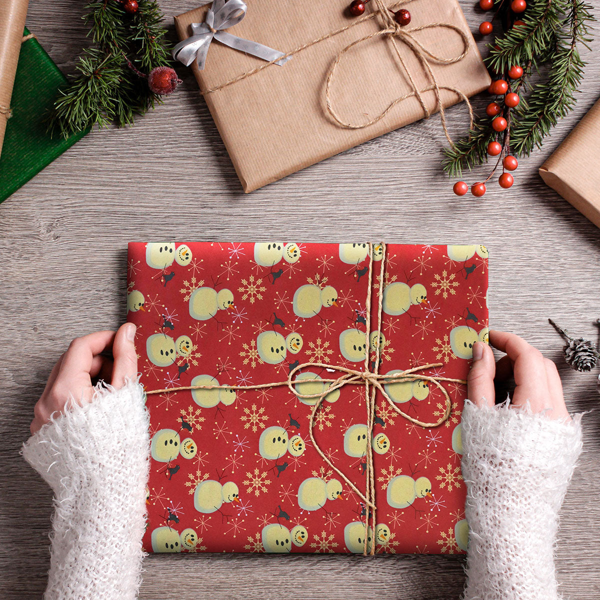 Papel Kraft para Envoltura de Regalo con Diseño de Muñeco de Nieve