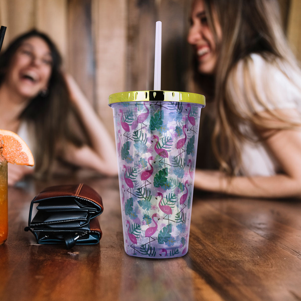 Vaso de Plástico con Tapa, Diseño de Flamencos