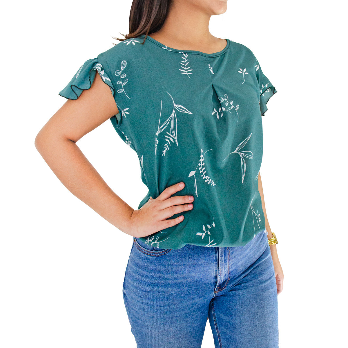 ﻿Blusa Casual color Verde con Blanco para Dama