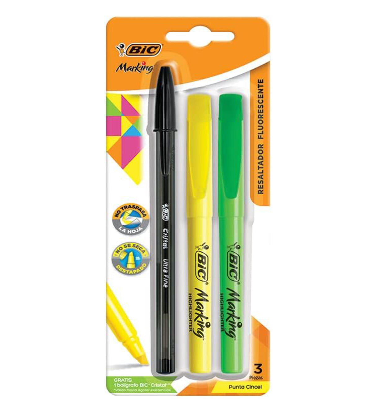 Set de 2 Resaltadores Fluorescente Bic Marking y 1 Bolígrafo Bic color Verde