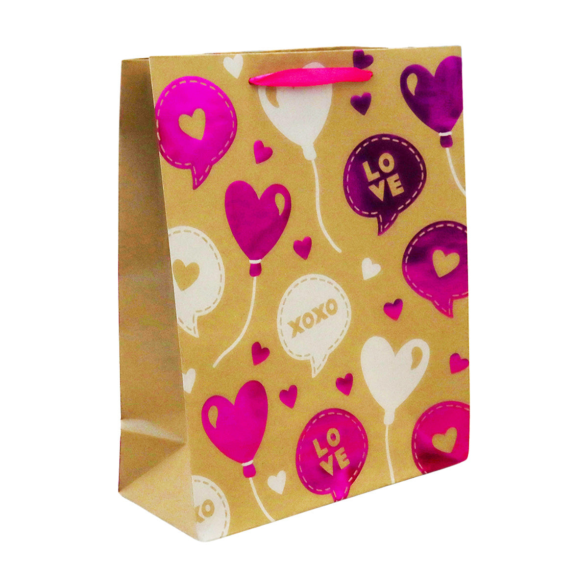 Bolsa de Papel Kraft para Regalo, Decorada con Corazones Rosas y Blancos