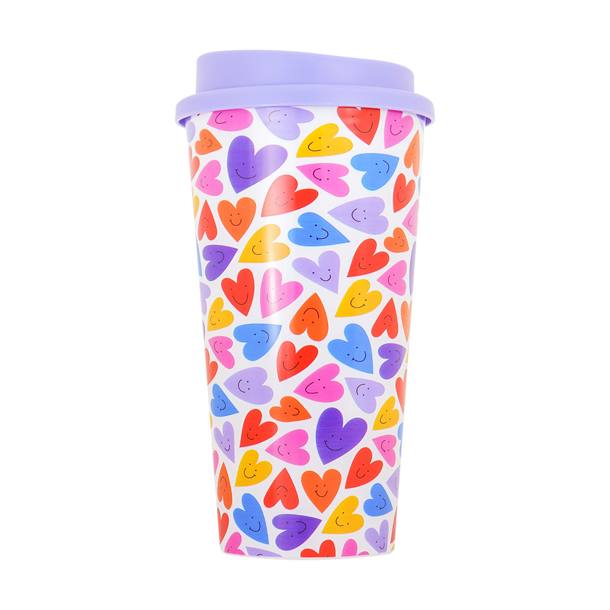 Vaso para Café con Diseño de Corazones y Tapa Lila