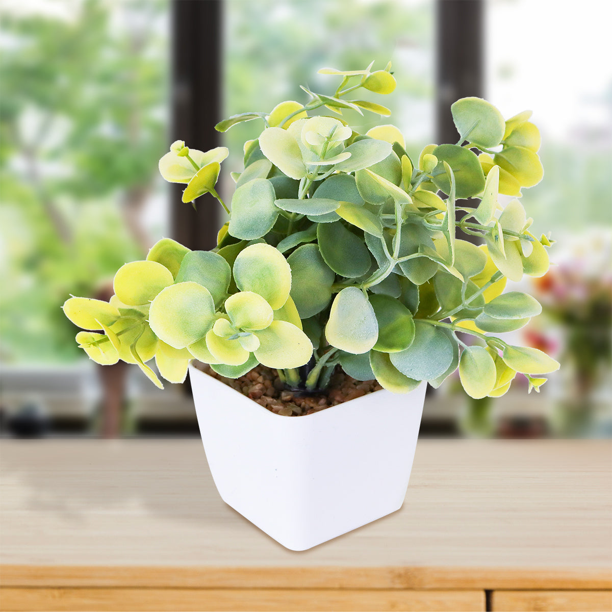 Maceta Decorativa con Eucalipto Artificial, color Verde con Amarillo