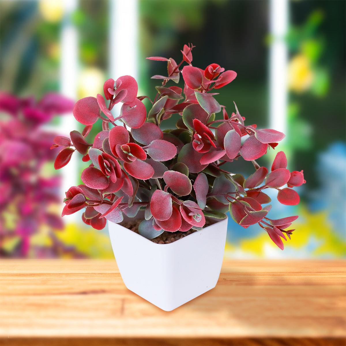 Maceta Decorativa con Eucalipto Artificial, color Verde con Rojo