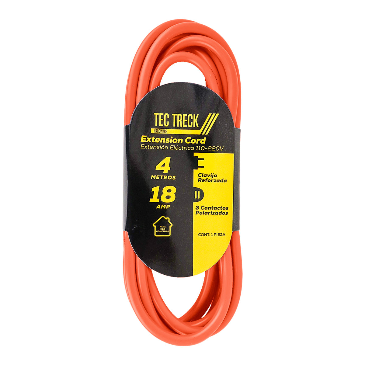 Extensión Eléctrica con 3 Contactos Polarizados, 4 metros, color Naranja