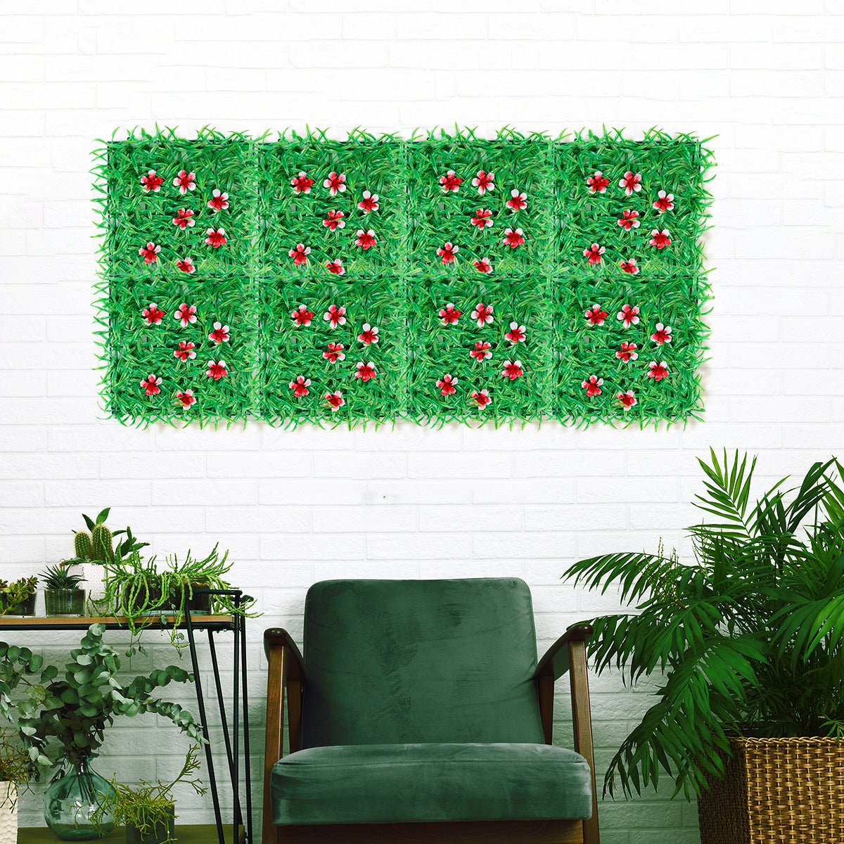 Pasto Artificial con Flores color Rojo para Decoración, 25x25cm