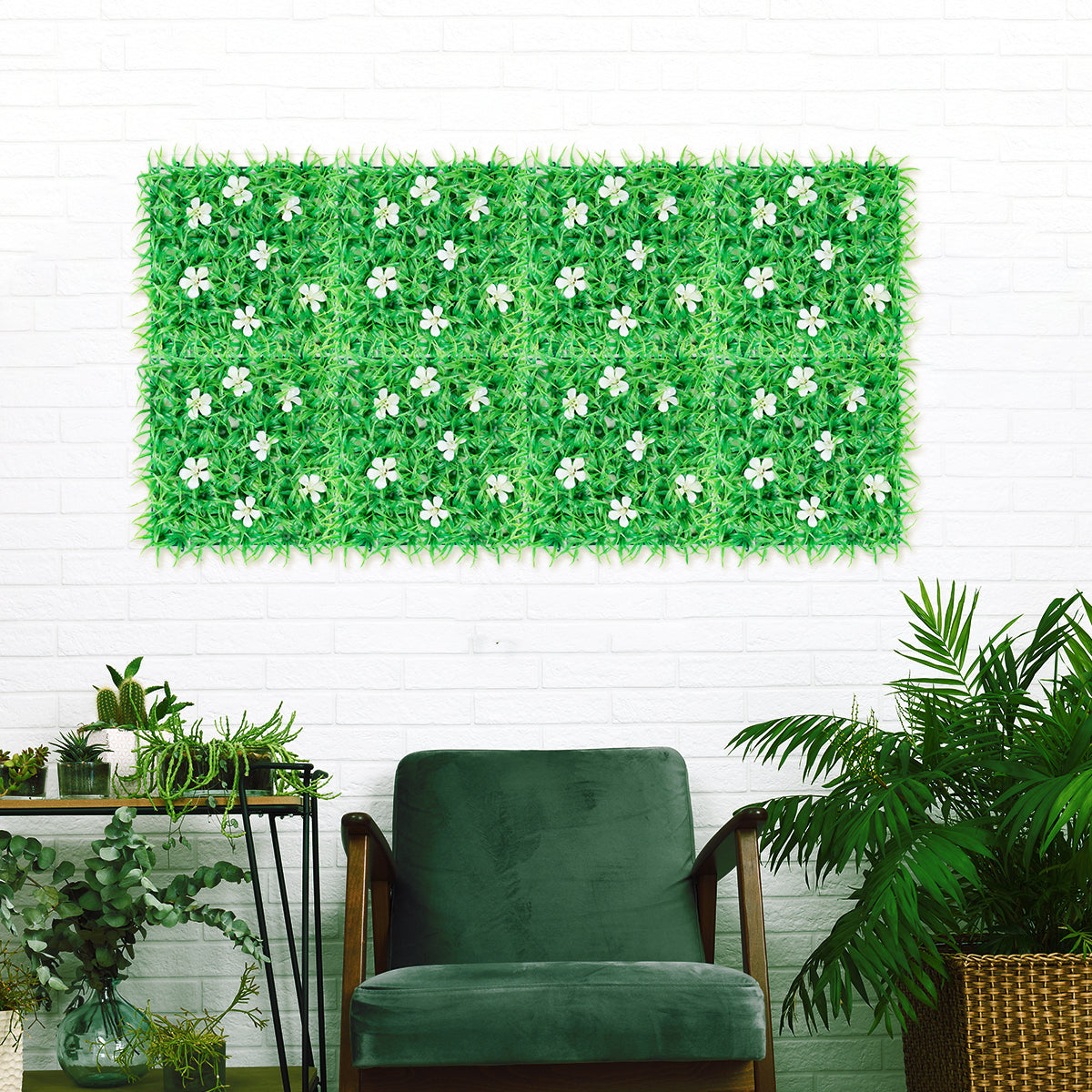 Pasto Artificial con Flores para Decoración, color Blanco