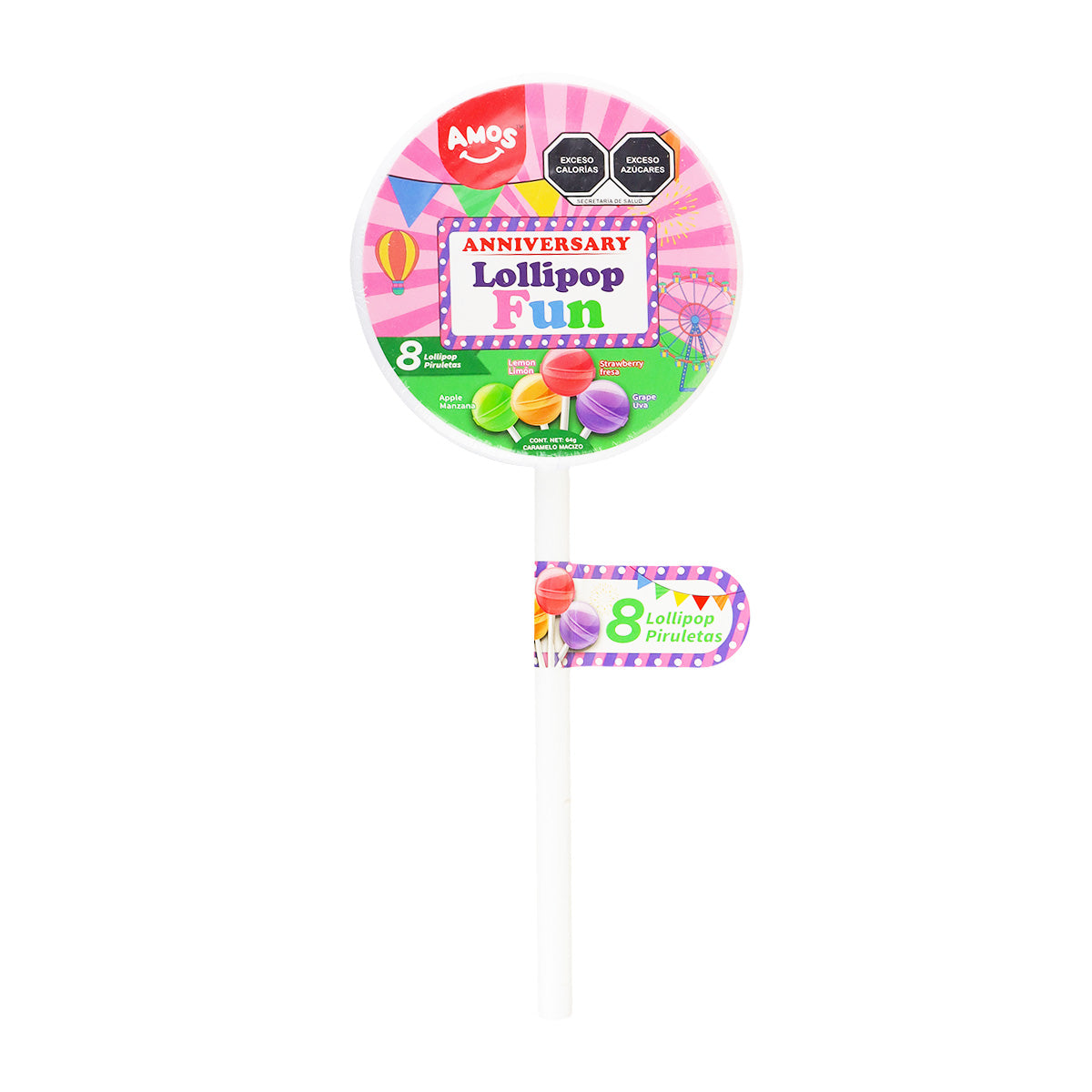 Paleta Lollipop Fun Gigante 64g, Contenedor Con 8 Paletas