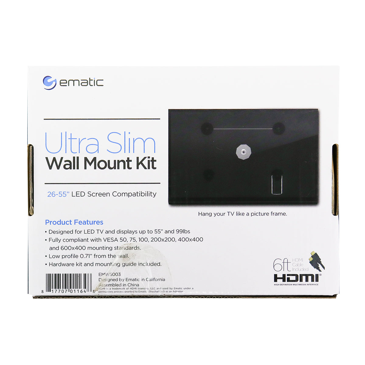 Kit de Montaje de Pared para Televisores de 26" a 55" con Cable HDMI, Ematic (EMW5003)