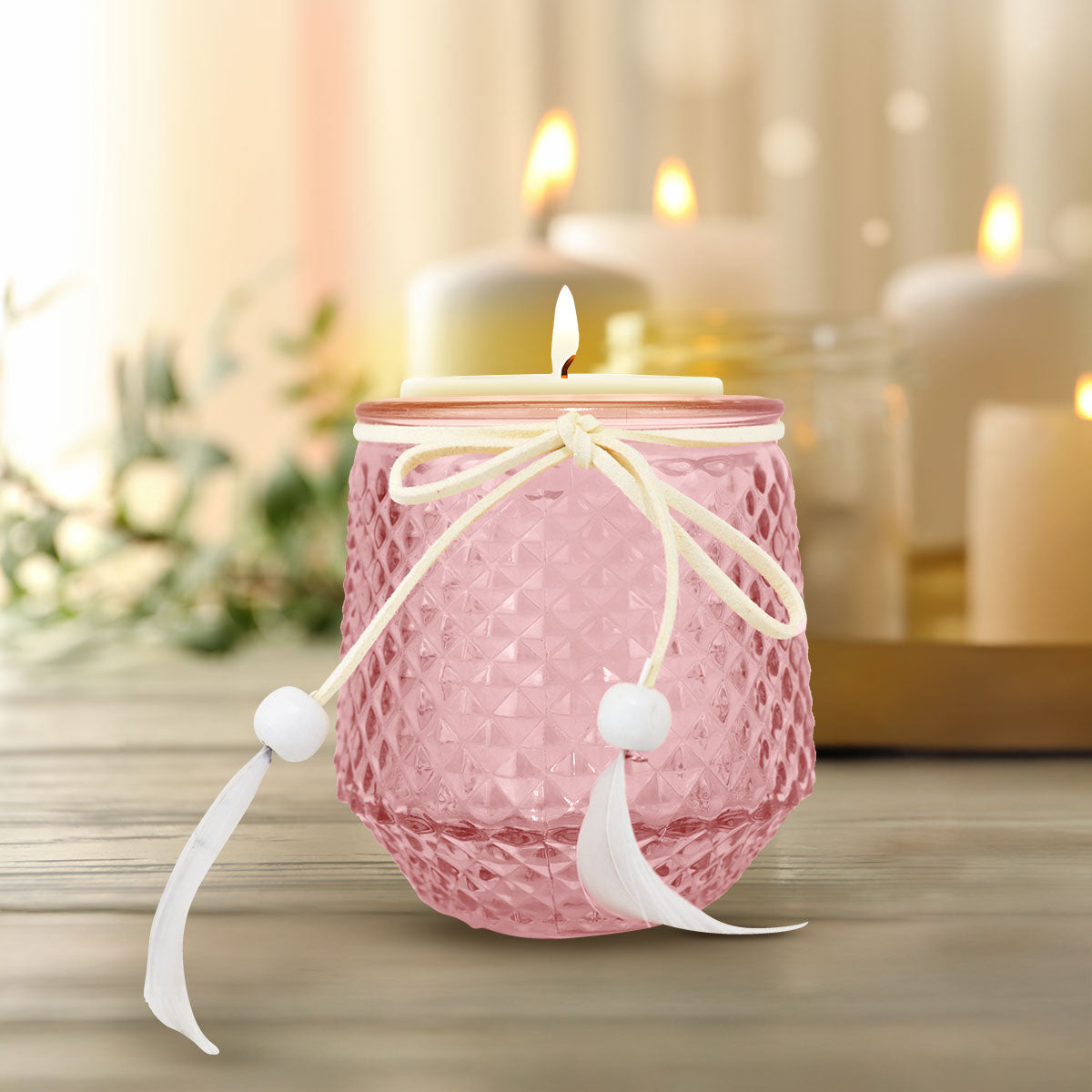 Portavelas de Cristal con Decoración, Color Rosa