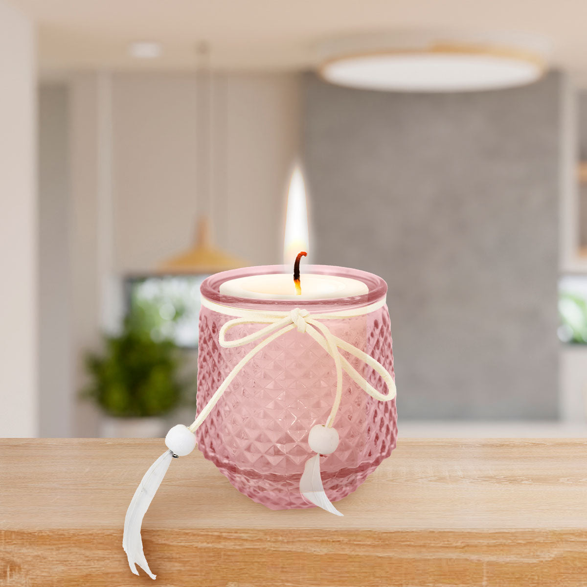 Portavelas de Cristal con Decoración, Color Rosa