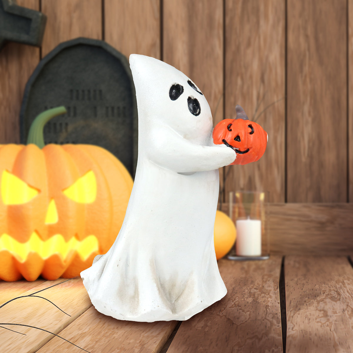 Figura Decorativa en Forma de Fantasma Sosteniendo una Calabaza